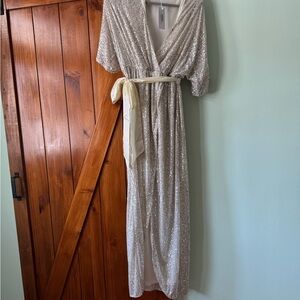 Baltic Born Silver Sequin Maxi Dress with Cream Belt
